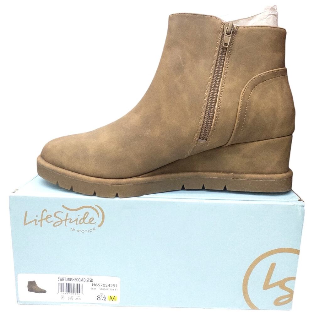 LifeStride Swift Distressed Wedge Ankle Boots Mushroom Women's Size 8.5